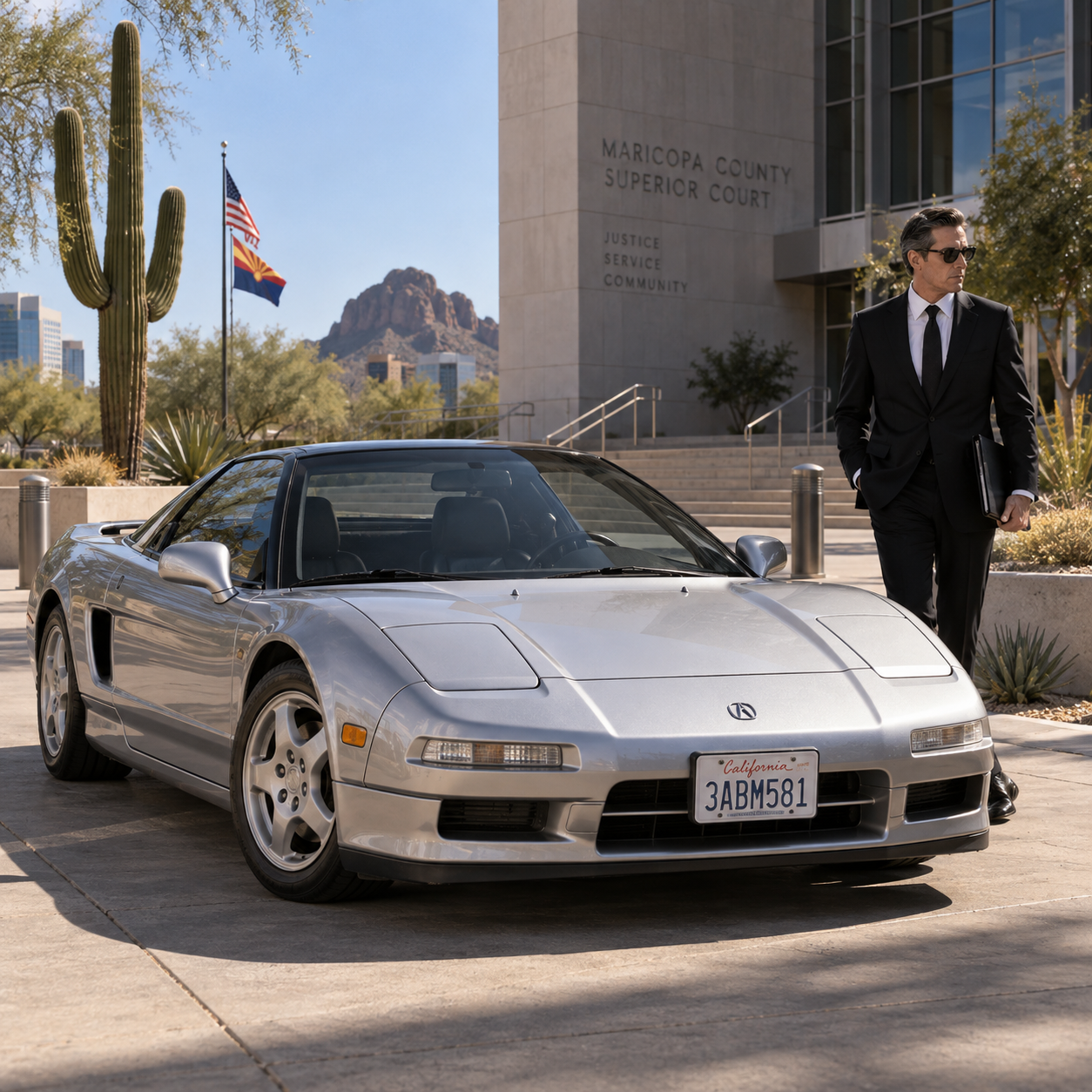 A photographic scene of a sleek, unmarked sedan parked outside a contemporary Arizona courthouse building, captured from a respectful distance. The car’s glossy dark paint subtly reflects the warm desert light. The courthouse façade is modern and slightly blurred, with tall, clean lines and neutral stone, avoiding legible signage. A thick, sealed document envelope rests on the sedan’s dashboard, visible through the windshield, symbolizing court filing and document delivery. Late afternoon golden-hour sunlight casts long, soft shadows across the pavement and highlights the vehicle’s contours. The composition uses rule of thirds from a low, three-quarter angle, creating a sense of purposeful motion and professional readiness without showing any people.