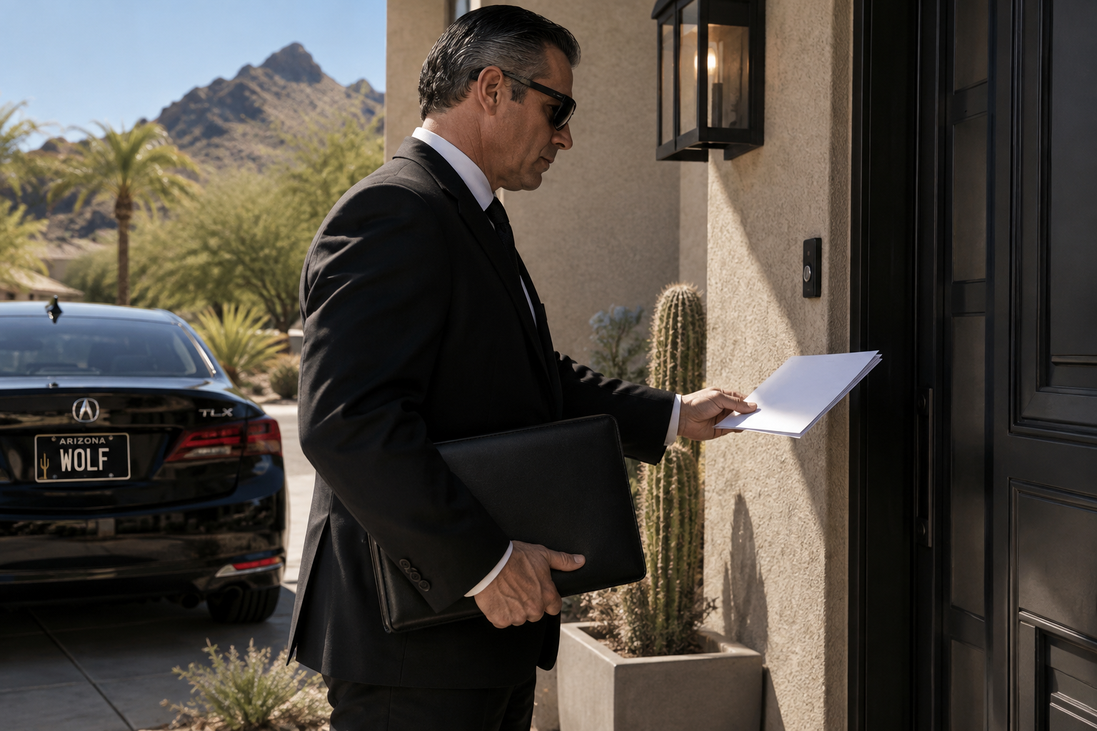 A stack of neatly organized legal documents secured with a black binder clip rests on a smooth, dark wood desk, conveying professional Arizona process serving. A blank, polished metal nameplate and a closed, unmarked laptop sit nearby, with a simple privacy notice icon glowing softly on the laptop screen. Through a large window behind the desk, a subtle, blurred hint of an Arizona desert skyline with low mountains is visible. Soft morning sunlight pours in, creating gentle reflections on the desk surface and subtle shadows around the papers. Photographic realism, eye-level composition with a shallow depth of field keeps the focus on the documents, evoking reliability, confidentiality, and calm efficiency.