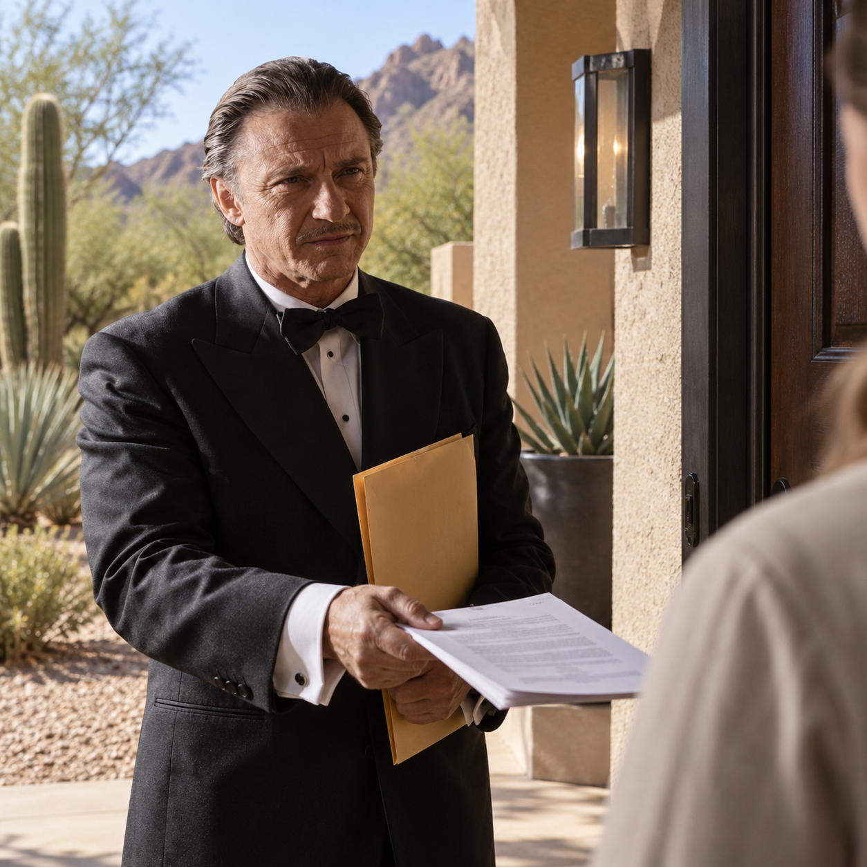 A stack of neatly organized legal documents secured with a black binder clip rests on a smooth, dark wood desk, conveying professional Arizona process serving. A blank, polished metal nameplate and a closed, unmarked laptop sit nearby, with a simple privacy notice icon glowing softly on the laptop screen. Through a large window behind the desk, a subtle, blurred hint of an Arizona desert skyline with low mountains is visible. Soft morning sunlight pours in, creating gentle reflections on the desk surface and subtle shadows around the papers. Photographic realism, eye-level composition with a shallow depth of field keeps the focus on the documents, evoking reliability, confidentiality, and calm efficiency.