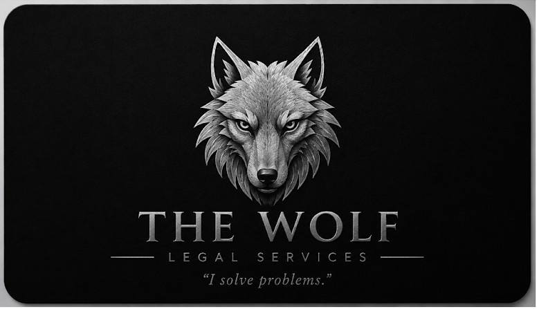 The Wolf Legal Services — silver wolf logo and I solve problems tagline.