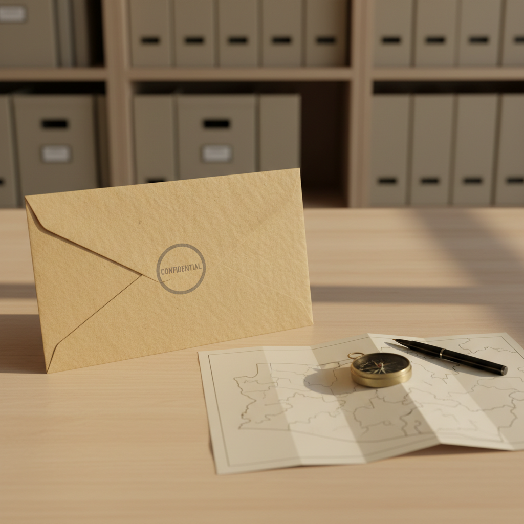 A close-up, photographic image of a sturdy manila envelope stamped with a neutral “Confidential” seal icon, lying on a clean, light-colored office table. Next to it, a minimalist Arizona map printed on plain paper is partially folded, with a small metal compass and a pen resting on top, symbolizing precise process serving routes. Warm, diffused afternoon light streams in from an unseen window, casting soft shadows and bringing out the texture of the paper and envelope. The background fades into a gentle blur of shelves with unmarked file boxes, emphasizing privacy. Shot from a slightly elevated angle with a modern, uncluttered composition, the mood is professional, discreet, and trustworthy.