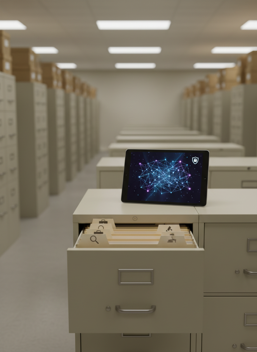 Inside a quiet records room, rows of unmarked beige filing cabinets and archival boxes extend into a softly blurred background, representing skip tracing and court support. In the foreground, a single open drawer reveals neatly labeled tabs with generic symbols instead of names, reinforcing privacy. A slim, modern tablet lies on top of the cabinet, its screen displaying an abstract, glowing network graphic to suggest digital research, with a small privacy shield icon in the corner. Overhead fluorescent lighting is softened to create an even, neutral glow with minimal shadows. Photographic realism with a centered, eye-level composition and moderate depth of field creates a calm, methodical atmosphere of thorough investigation and data security.