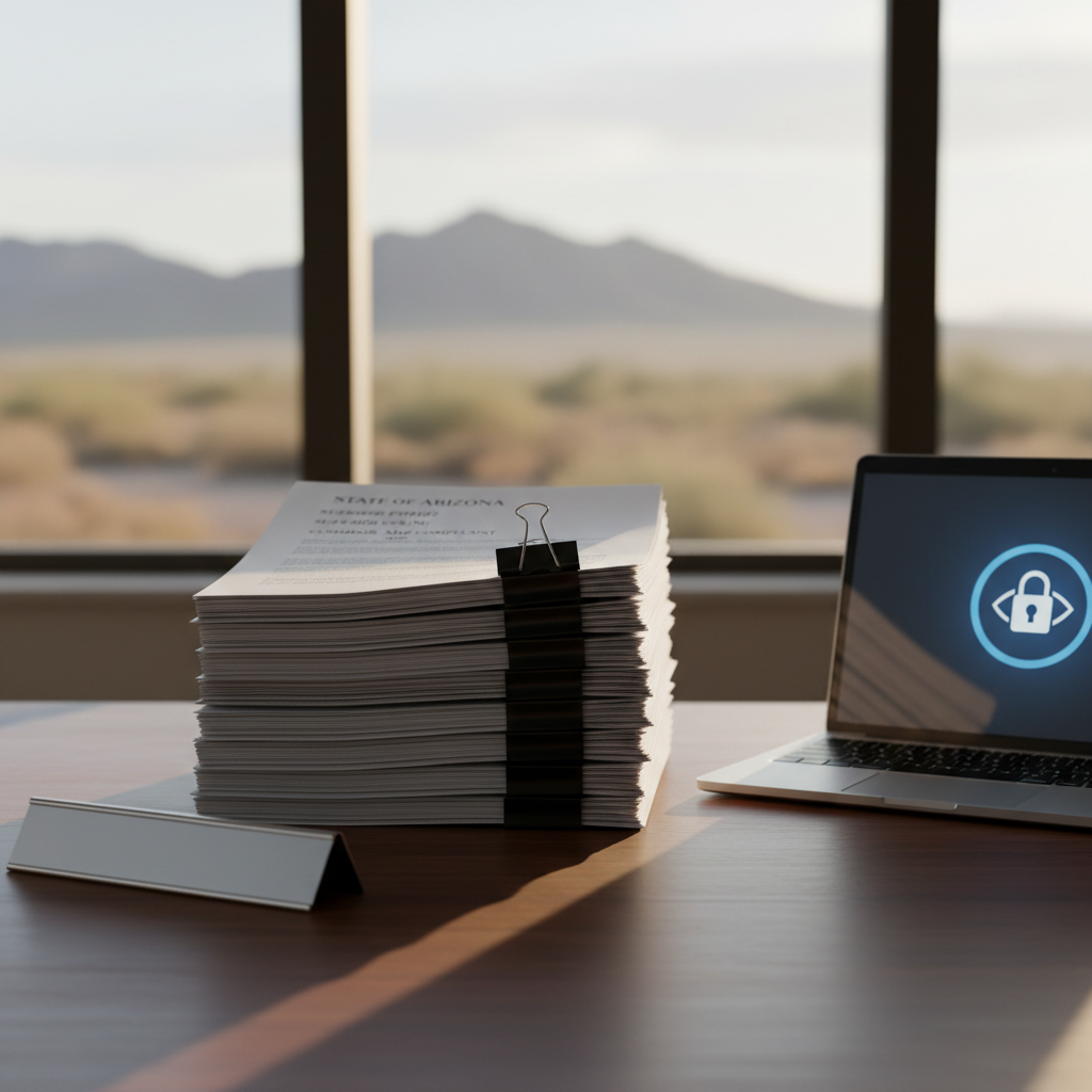 A stack of neatly organized legal documents secured with a black binder clip rests on a smooth, dark wood desk, conveying professional Arizona process serving. A blank, polished metal nameplate and a closed, unmarked laptop sit nearby, with a simple privacy notice icon glowing softly on the laptop screen. Through a large window behind the desk, a subtle, blurred hint of an Arizona desert skyline with low mountains is visible. Soft morning sunlight pours in, creating gentle reflections on the desk surface and subtle shadows around the papers. Photographic realism, eye-level composition with a shallow depth of field keeps the focus on the documents, evoking reliability, confidentiality, and calm efficiency.