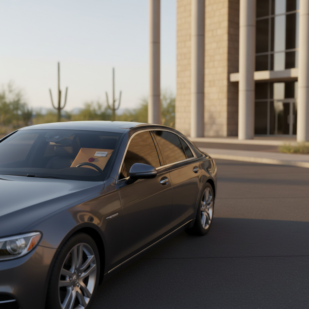 A photographic scene of a sleek, unmarked sedan parked outside a contemporary Arizona courthouse building, captured from a respectful distance. The car’s glossy dark paint subtly reflects the warm desert light. The courthouse façade is modern and slightly blurred, with tall, clean lines and neutral stone, avoiding legible signage. A thick, sealed document envelope rests on the sedan’s dashboard, visible through the windshield, symbolizing court filing and document delivery. Late afternoon golden-hour sunlight casts long, soft shadows across the pavement and highlights the vehicle’s contours. The composition uses rule of thirds from a low, three-quarter angle, creating a sense of purposeful motion and professional readiness without showing any people.